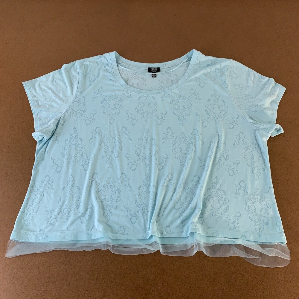 Jones New York Women's 3X Blue Printed Short Sleeve Scoop neck Pullover Top